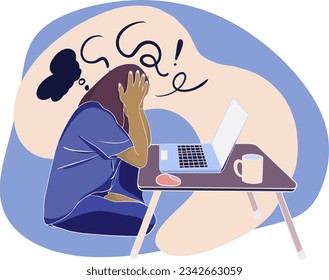 hand drawing style cartoon woman working at home problem stress, clinging to work can't think of anything
