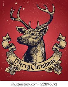 Hand Drawing style of christmas deer with text banner