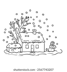 hand drawing style of house in winter with snowman vector. It is suitable for Christmas coloring book.