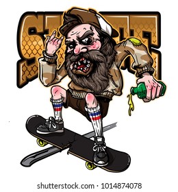 hand drawing style of old man riding skateboard