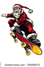 Hand drawing style of santa claus riding skateboard