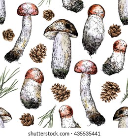 Hand drawing style seamless illustration of mushrooms, pine cones and fir-needles. vector illustration