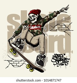 hand drawing style of skull riding skateboard