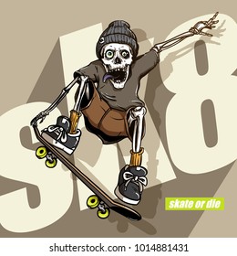 hand drawing style of skull riding skateboard