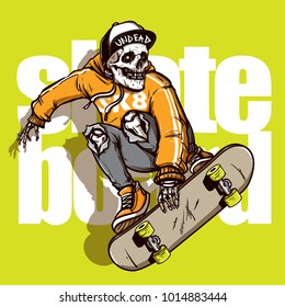 hand drawing style of skull riding skateboard