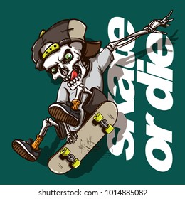 hand drawing style of skull riding skateboard