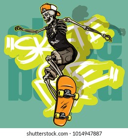 hand drawing style of skull riding skateboard