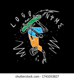 hand drawing style of skull riding skateboard