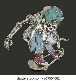 hand drawing style of skull riding skateboard