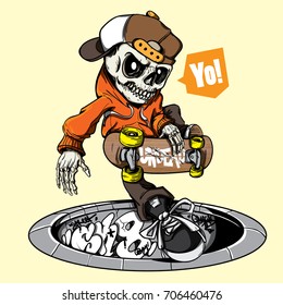 hand drawing style of skull riding skateboard