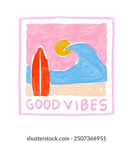 Hand drawing style of the summer good vibes themes for t-shirt, badge, and sticker illustration