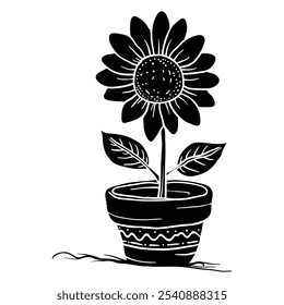 Hand drawing style of sun flower on the pot vector.
It is suitable for flowers or plants icon, sign or symbol.