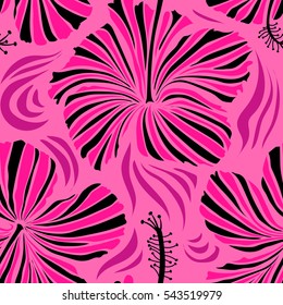 Hand drawing style. Vector hibiscus floral pattern. Floral seamless pattern hibiscus flowers. Design in pink and magenta colors for invitation, wedding or greeting cards, textile, prints or fabric.