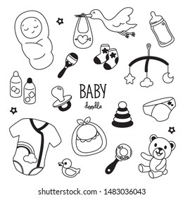 Hand Drawing Styles Baby Items. Baby Doodle.