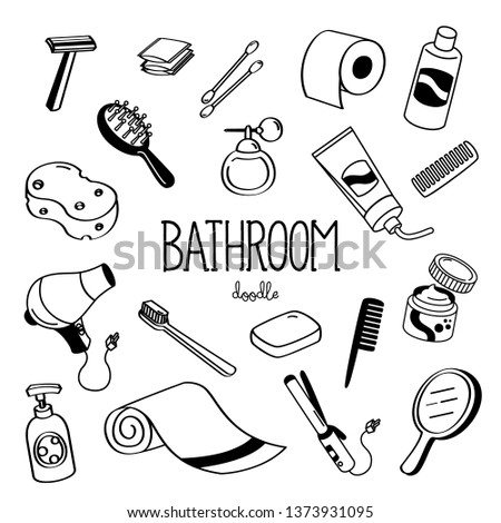 Hand drawing styles for bathroom. Bath room amenity doodle.
