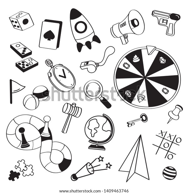 Hand\
drawing styles board game items. Board game\
doodles.