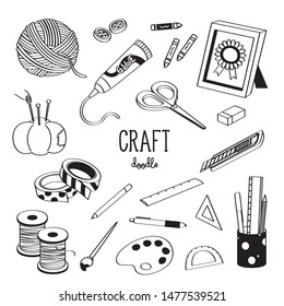 Hand Drawing Styles With Craft Equipment. Doodle Hand Craft.