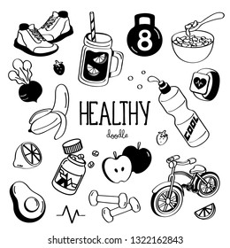 Hand drawing styles for Healthy items. Doodles Healthy.