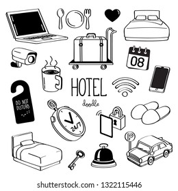 Hand Drawing Styles For Hotel Items. Doodle Hotel Service.