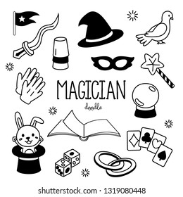 Hand drawing styles Magician items. Doodles magician