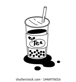 Hand drawing styles Milk tea with bubble in glass. Bubble tea doodle