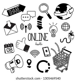 Hand drawing styles with Online icon. Online social media doodles.