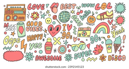Hand drawing styles for retro items. Set 90 s retro item.