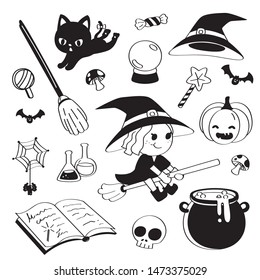 Hand drawing styles witch items. Witch doodle