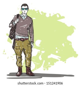 Hand drawing of a stylish boy in sketch style. Vector illustration.