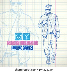Hand drawing of a stylish boy in sketch style. Vector illustration.