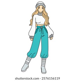 Hand Drawing of Stylish Woman in Hat, White Crop Sweater, and Blue Jeans