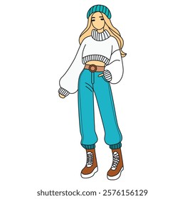 Hand Drawing of Stylish Woman in Hat, White Crop Sweater, and Blue Jeans