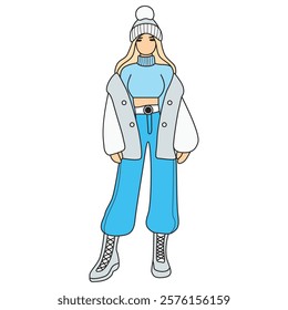 Hand Drawing of Stylish Woman in White Hat, Coat, and Blue Jeans