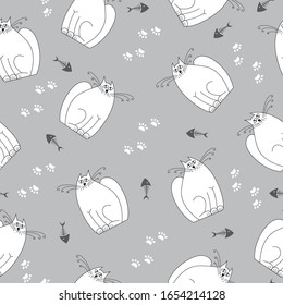 Hand drawing stylized character cat. Seamless pattern. Vector creative illustration. 