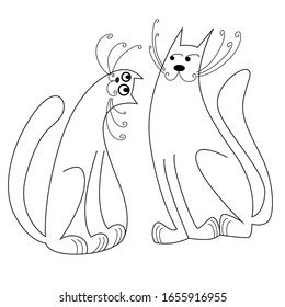 Hand drawing stylized character cats friends in love. Outline, isolated icon. Vector creative illustration. 