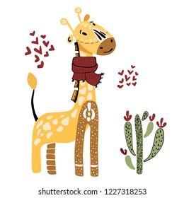 Hand drawing stylized cute cartoon character - giraffe in a scarf, with a cactus on a white background, print design for clothing, cards, poster