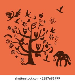 Hand drawing.
Stylized tree. planets, petals, dots, elephant, stars, moon, owls, birds, beetles, branches, fish, sun, doodles, cat, apples, cranes, rain, wings, green shades,
