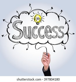 Hand drawing success with light bulb in cloud illustration vector 