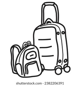 dibujo a mano, maleta sobre ruedas y mochila. viajes, turismo, vacaciones. libro de coloreado con contorno lineal negro. icono de vector para sitio web, aplicación y menú. embalaje para un viaje