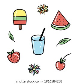 Hand drawing of summer food, ice cream, watermelon, drink, cherry, strawberry. Doodle