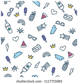 Hand drawing summer icons seamless pattern.Vector illustation. Funny background design. 