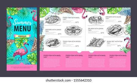 Hand drawing summer menu design with flamingo and tropic leaves. Restaurant menu