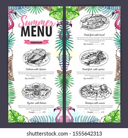 Hand drawing summer menu design with flamingo and tropic leaves. Restaurant menu