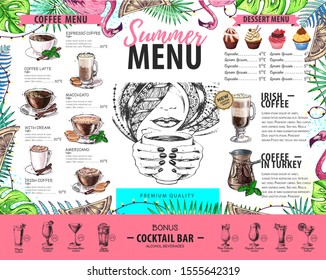 Hand drawing summer menu design with flamingo and tropic leaves. Restaurant menu