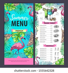 Hand drawing summer menu design with flamingo and tropic leaves. Restaurant menu