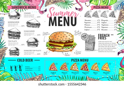 Hand drawing summer menu design with flamingo and tropic leaves. Restaurant menu