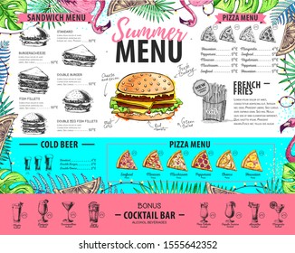 Hand drawing summer menu design with flamingo and tropic leaves. Restaurant menu