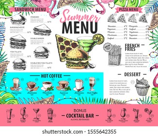 Hand drawing summer menu design with flamingo and tropic leaves. Restaurant menu