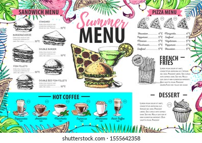 Hand drawing summer menu design with flamingo and tropic leaves. Restaurant menu