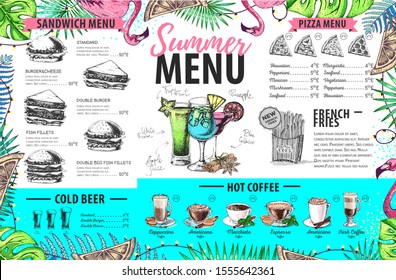 Hand drawing summer menu design with flamingo and tropic leaves. Restaurant menu